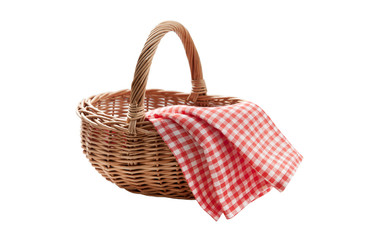 Fototapeta na wymiar Red napkin and picnic basket isolated on white.