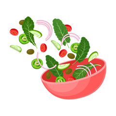 Pink bowl with slices of vegetables and herbs. Vector illustration on a white background.