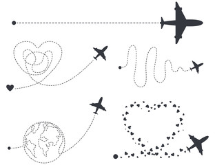 Airplane with start point and different dash line route vector silhouettes set isolated on a white background.