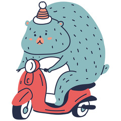 Cute and funny bear on scooter vector cartoon animal character isolated on a white background.