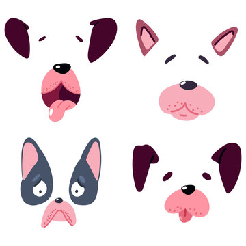 Dog face filter app vector cartoon set isolated on a white background.