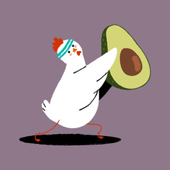 Cute chicken doing exercises with avocado. Vector cartoon bird character isolated on background. Healthy food and fitness concept illustration.