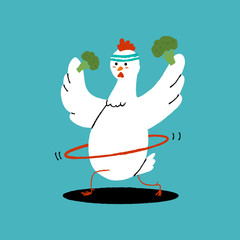 Cute chicken doing exercises with hula hoop and broccoli. Vector cartoon bird character isolated on background. Healthy food and fitness concept illustration.