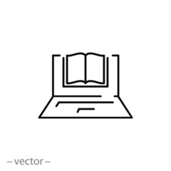 ebook icon, electronic education, online learning thin line web symbol on white background - editable stroke vector illustration eps10