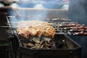 kebabs, cooking meat on coals. barbecue on the grill, no people