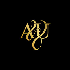 Initial letter A & U AU luxury art vector mark logo, gold color on black background.