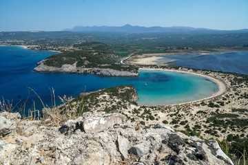 Panoramic aerial view of voidokilia beach, one of the best beaches in mediterranean Europe, beautiful lagoon of Voidokilia from a high point of view, Messinia, Greece