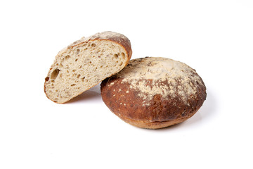 Whole wheat bread isolated on white background. One and a half sliced