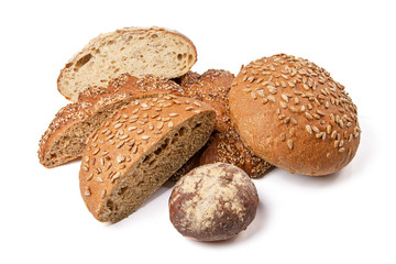 Whole wheat bread isolated on white background. Group of different bakery recipes and sizes
