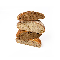 Whole wheat bread isolated on white background. Group of different bakery recipes