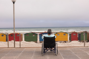 Fototapeta premium Senior man sitting on wheelchair at promenade
