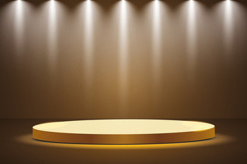 Golden podium with a spotlight on a dark background, the first place, fame and popularity. Vector illustration