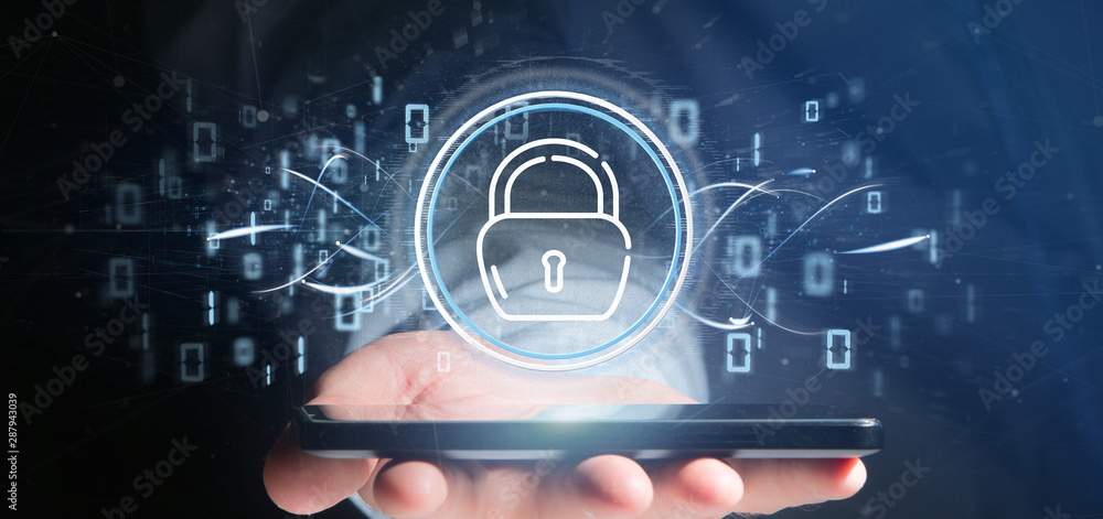Poster businessman holding security padlock wheel icon with stats and binary code 3d rendering