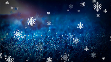 Winter frosty morning. Winter snow background, blue color, snowflakes, sunlight, macro. Frozen grass under the snow, snowflakes and sunlight, rays. snow scene