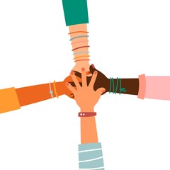 Hands together - set of different races raised up hands. The concept of education, business training, volunteering charity, party.