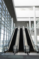 Front view of three modern escalators in a office lobby