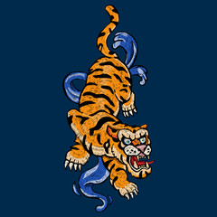 Embroidery patch with oriental tiger. Vector embroidered tattoo motif