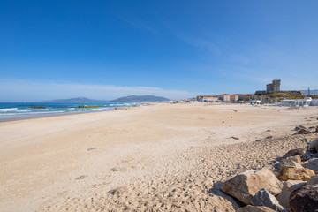 landscape of beautiful sandy great Beach Los Lances, in Tarifa town, Cadiz, Andalusia, Spain