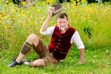 handsome bavarian man sitting in front of field of sunflowers