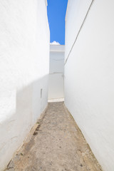 vertical shot of pedestrian alley narrowing in famous Andalusian old town, with typical arabic white houses, named Vejer de la Frontera (Cadiz, Andalusia, Spain, Europe)