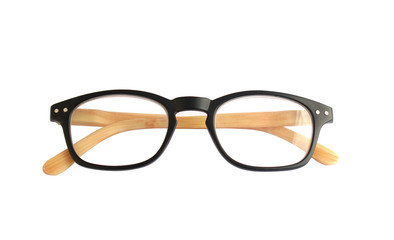 isolated​ eyeglasses on​ white​ background​ and​ glasses legs is​ wooden​ pattern.