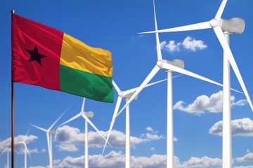 Guinea-Bissau alternative energy, wind energy industrial concept with windmills and flag industrial illustration - renewable alternative energy, 3D illustration