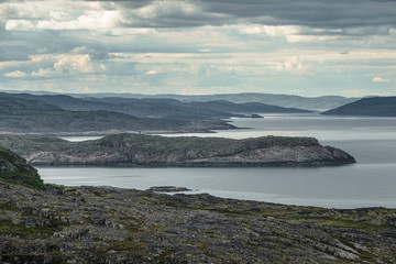 Summer landscape of the green polar tundra in the vicinity Teriberka