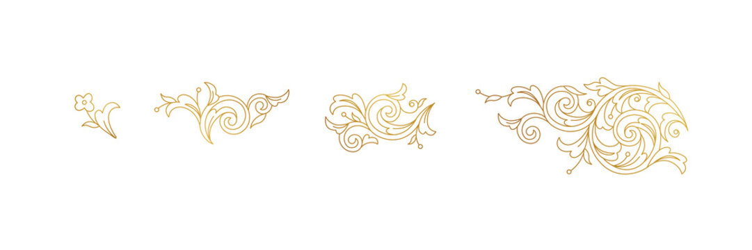 Vector line art floral gold decoration, vignettes. Arabic and Eastern motifs. Isolated line art ornaments