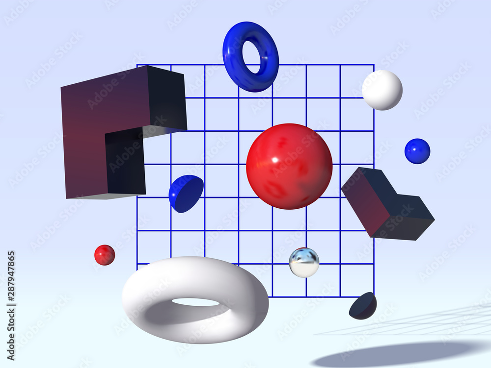 Poster 3d shapes flying in front of the grid