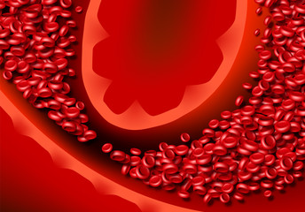 Blood cells or erythrocites flowing in abstract scientific background with medical or health theme