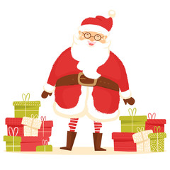 Santa Claus and pile of gifts. Greeting card for New Year and Christmas celebration. Cartoon santa character