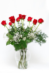 red bouquet roses in vase isolated on white background