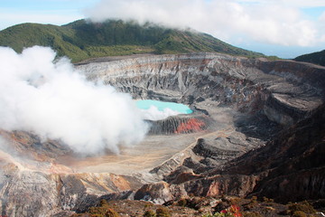 Poas Volcano Crater with its acid lake and fumarole Costa Rica