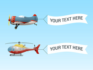 Flying airplane and helicopter with banners. Template for text. Vector illustration.
