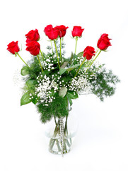 red bouquet roses in vase isolated on white background
