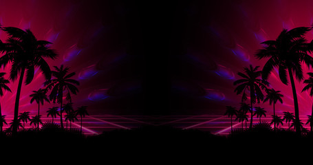 Night landscape with palm trees, against the backdrop of a neon sunset, stars. Silhouette coconut palm trees on beach at sunset. Vintage tone. Space futuristic landscape. Neon palm tree - Powered by Adobe