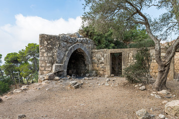 The ruins of ancient buildings are located on the territory of the catholic Christian Transfiguration Church located on Mount Tavor near Nazareth in Israel