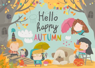 Fototapeta premium Cute children meeting autumn wearing warm clothes