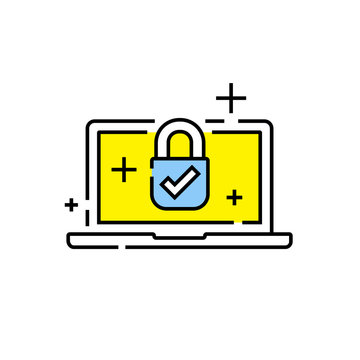 Laptop security line icon. Mobile device password lock symbol. Notebook padlock sign. Secure website emblem. Vector illustration.