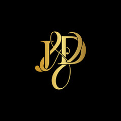 Initial letter J & D JD luxury art vector mark logo, gold color on black background.