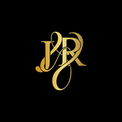 Initial letter J & R JR luxury art vector mark logo, gold color on black background.