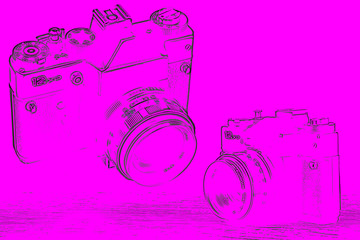 Stare aparaty fotograficzne. Kolorowe tło z kształtem aparatu.