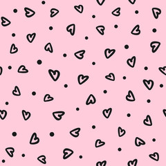 Seamless pattern with round spots and hearts drawn by hand. Doodle, sketch. Romantic print. Vector illustration.