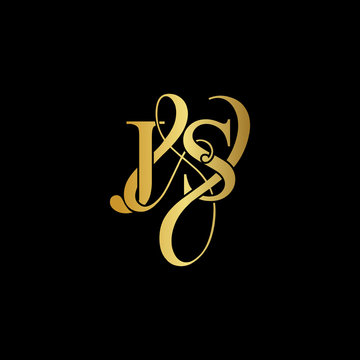 Initial letter J & S JS luxury art vector mark logo, gold color on black background.