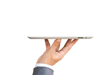 Businessman hold up tablet for managment and online business.