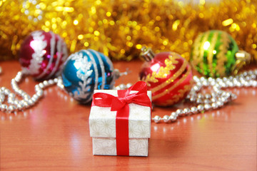 gift box with red bow on christmas decor ea new year holiday