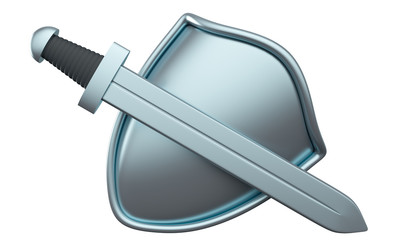 Classic metal shield and the sword isolated on white background. 3d rendering