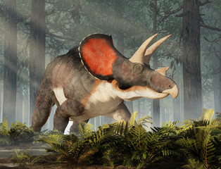 Triceratops was ceratopsian dinosaur that was a frilled and horned, four legged animal. It lived during the cretaceous period. In a dense forest. 3D Rendering © Daniel Eskridge