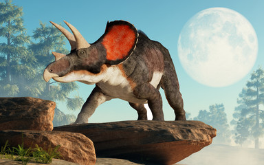 Triceratops was ceratopsian dinosaur that was a frilled and horned, four legged animal. It lived during the cretaceous period. On a cliff by the moon. 3D Rendering © Daniel Eskridge