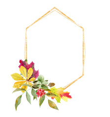 Watercolor frame with fall bouquet and golden texture - 287954023